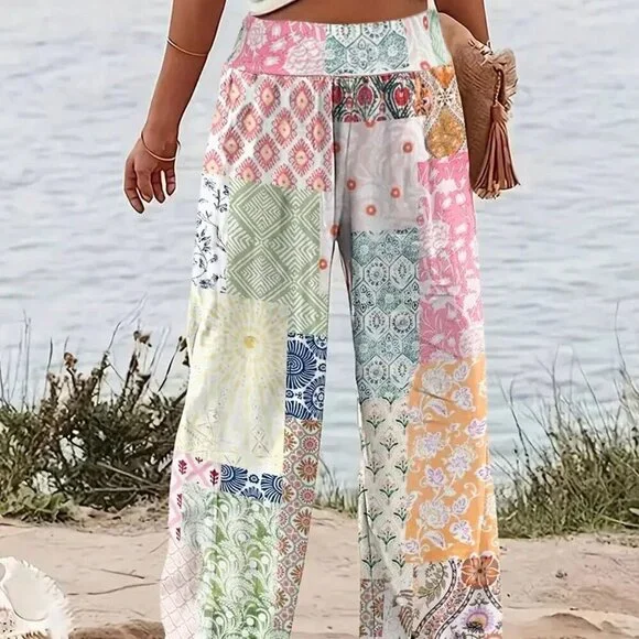 Multicolor Boho Women's Ditsy Floral Print Loose Pants - Picture 3 of 7